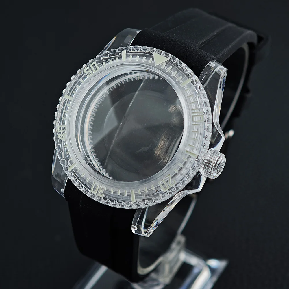 40mm Transparent Watch Luminous Case for NH35 NH36 Movement Fits 28.5-29mm Dial Wrist Watch Accessories Parts Transparent Strap