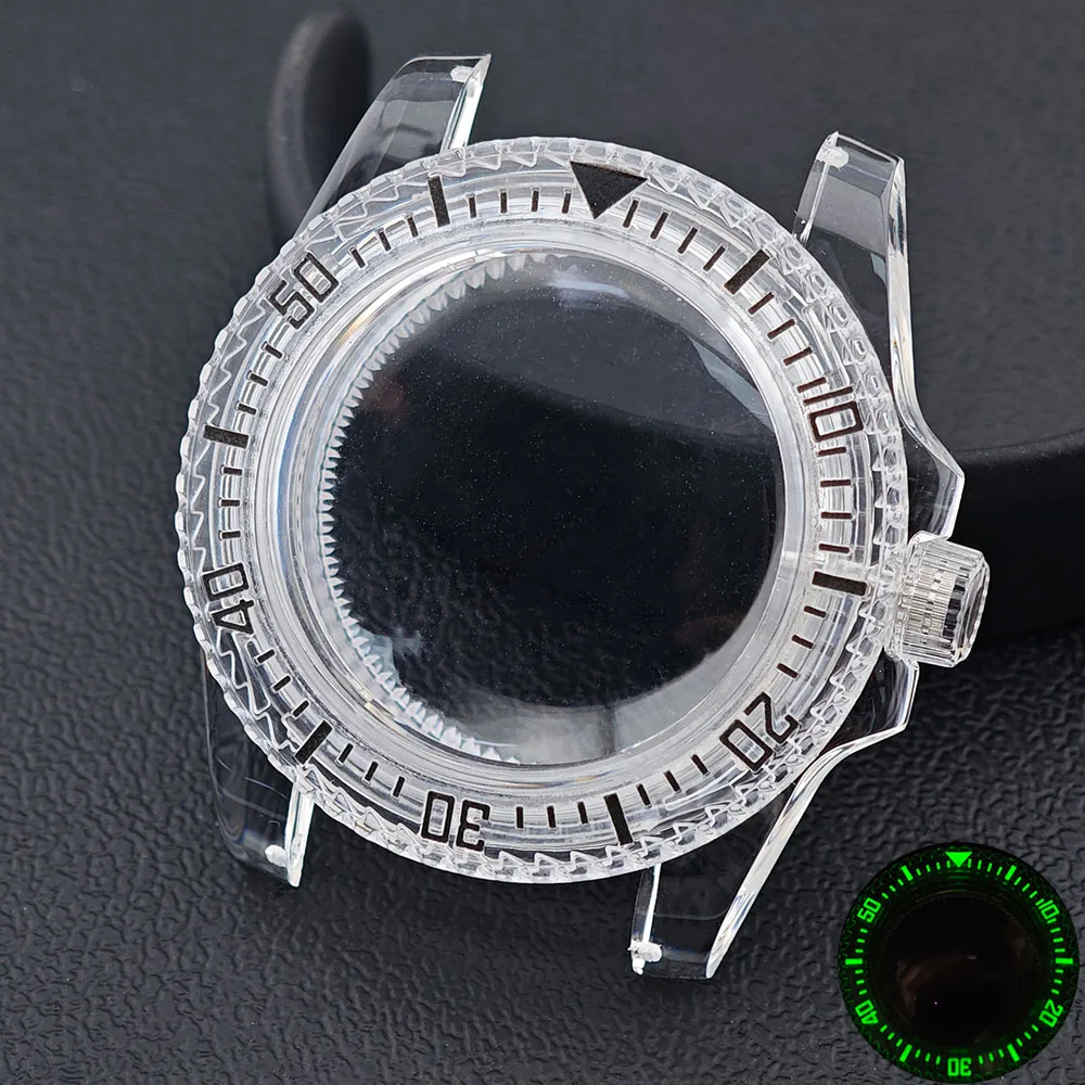 40mm Transparent Watch Luminous Case for NH35 NH36 Movement Fits 28.5-29mm Dial Wrist Watch Accessories Parts Transparent Strap