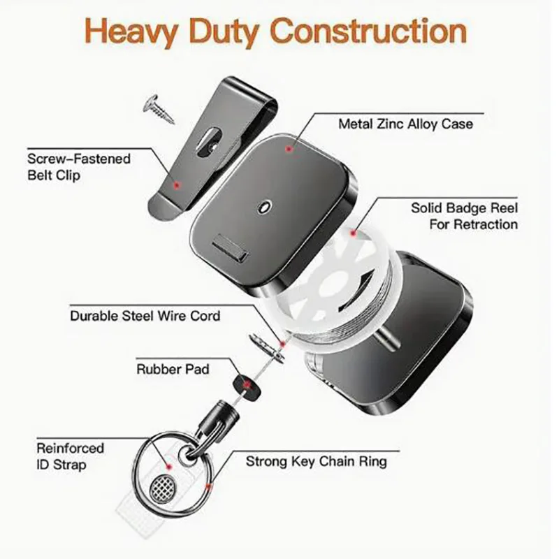 Retractable Keychain Badge Reel Holders Metal Heavy Duty With Carabiner Belt Clip And Key Ring For ID Card Name Holder
