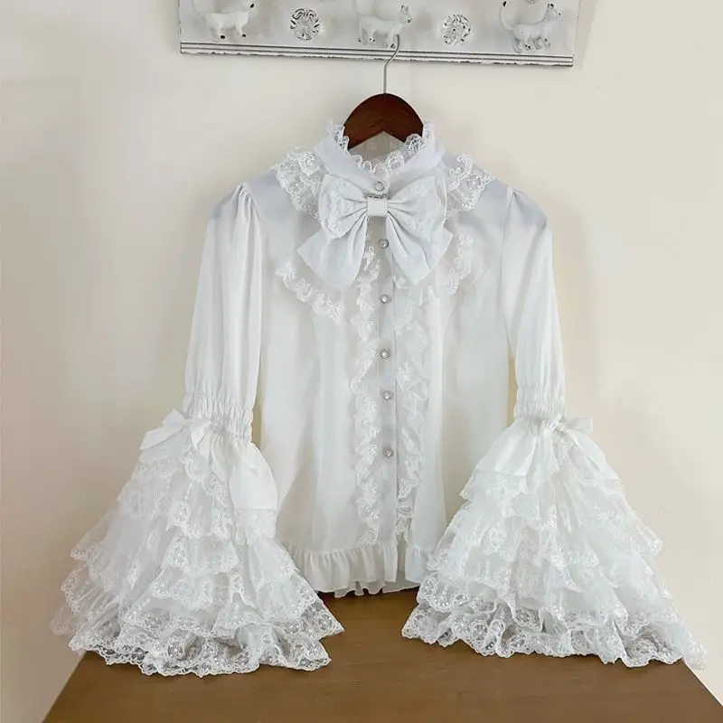 Gothic & Sweet Lolita Shirt - Long Sleeve Ruffled Blouse for JSK Dresses, Kawaii Doll Lace Top with Puff Sleeves in Pink/White