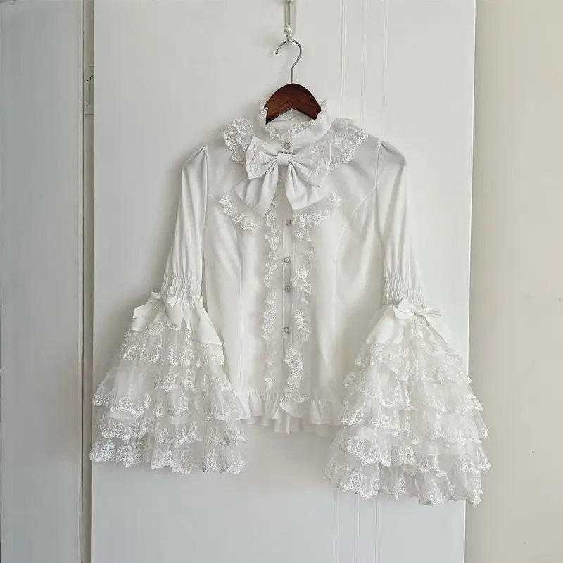 Gothic & Sweet Lolita Shirt - Long Sleeve Ruffled Blouse for JSK Dresses, Kawaii Doll Lace Top with Puff Sleeves in Pink/White