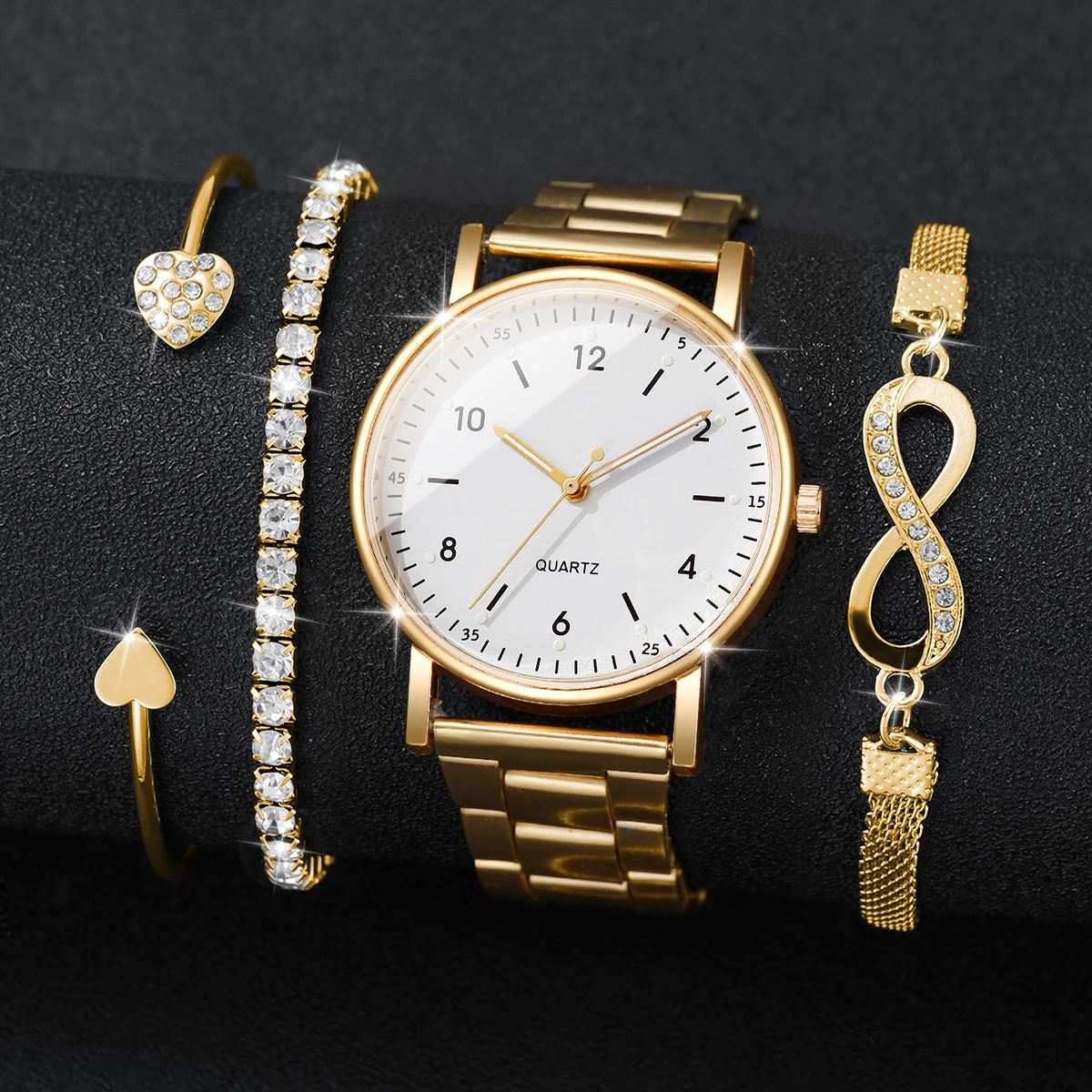 4PCS/Set Fashion Arabic Dial Women Watches Ladies Quartz Wristwatch Rhinestone Bracelets Set Reloj Mujer（Without Box）