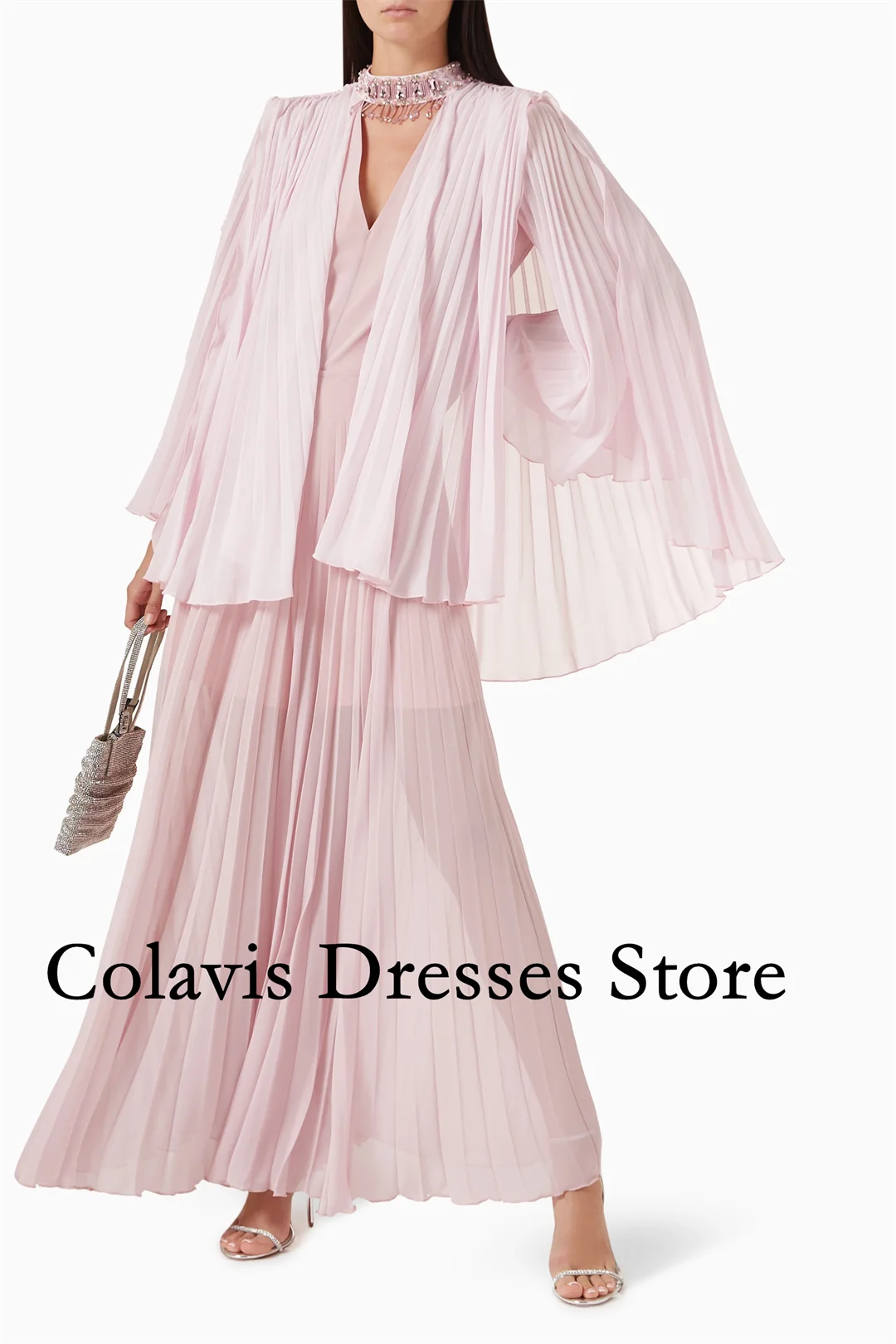 2025 Customized Beaded Neck Pleated Chiffon Cape Pink Prom Dresses Evening Dress Women Evening Gowns Formal Party Dress