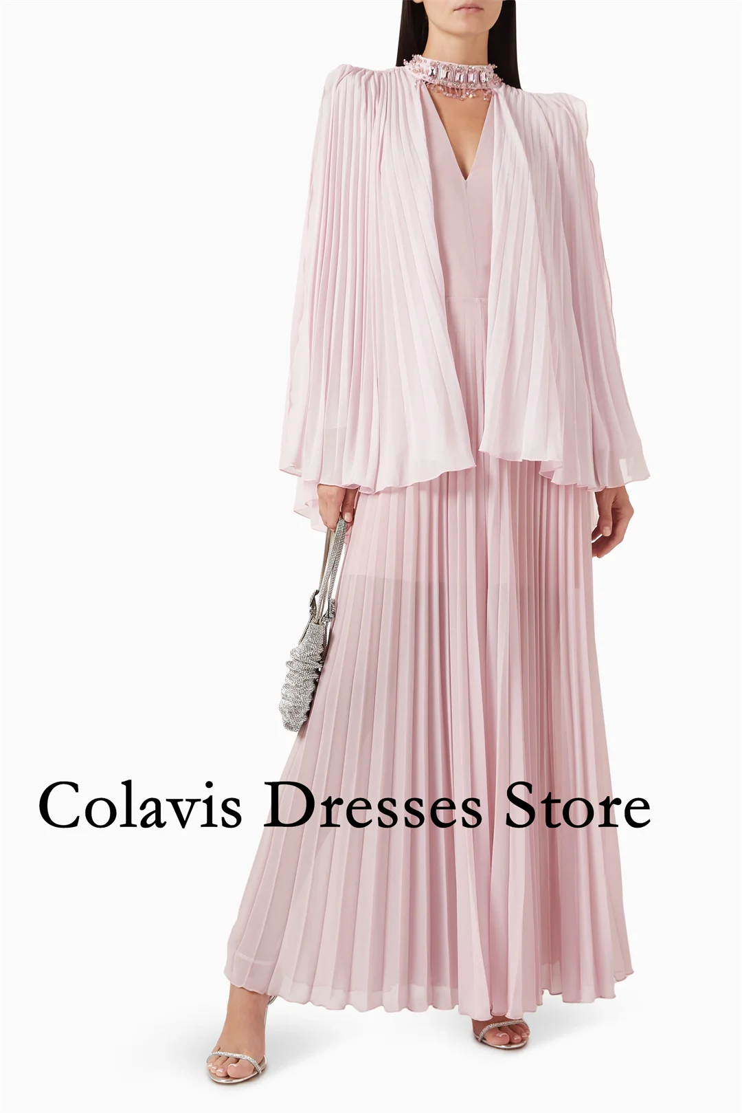 2025 Customized Beaded Neck Pleated Chiffon Cape Pink Prom Dresses Evening Dress Women Evening Gowns Formal Party Dress