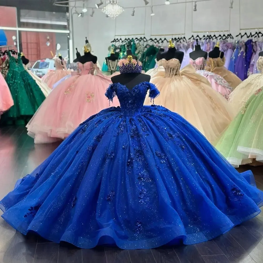 Royal Blue Charro Quinceanera Dresses Ball Gown Off The Shoulder Appliques Beaded Mexican Sweet 16 Dresses 15 Anos Customized