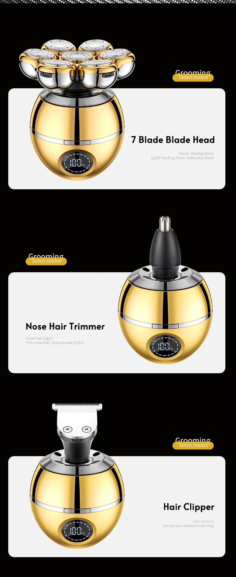 5-IN-1 7D Floating Blade Electric Shaver With Charging Base For Men Beard Trimmer Clipper Rechargeable Bald Head Electric Razor