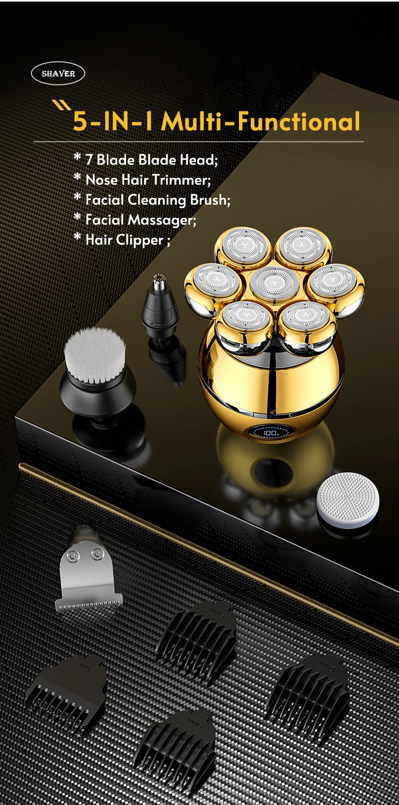5-IN-1 7D Floating Blade Electric Shaver With Charging Base For Men Beard Trimmer Clipper Rechargeable Bald Head Electric Razor