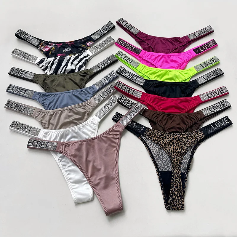 Letter Sexy Panties Women Thongs Rhinestones Diamonds G-string Sports Thong Low Waist Shorts Briefs T-back Fitness S-XL