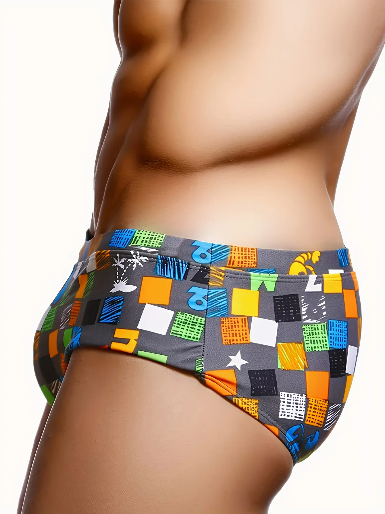 Men's Patterned Quick-Dry High-Elastic Drawstring Brief Swim Trunks, Beach Swimming & Surfing Shorts