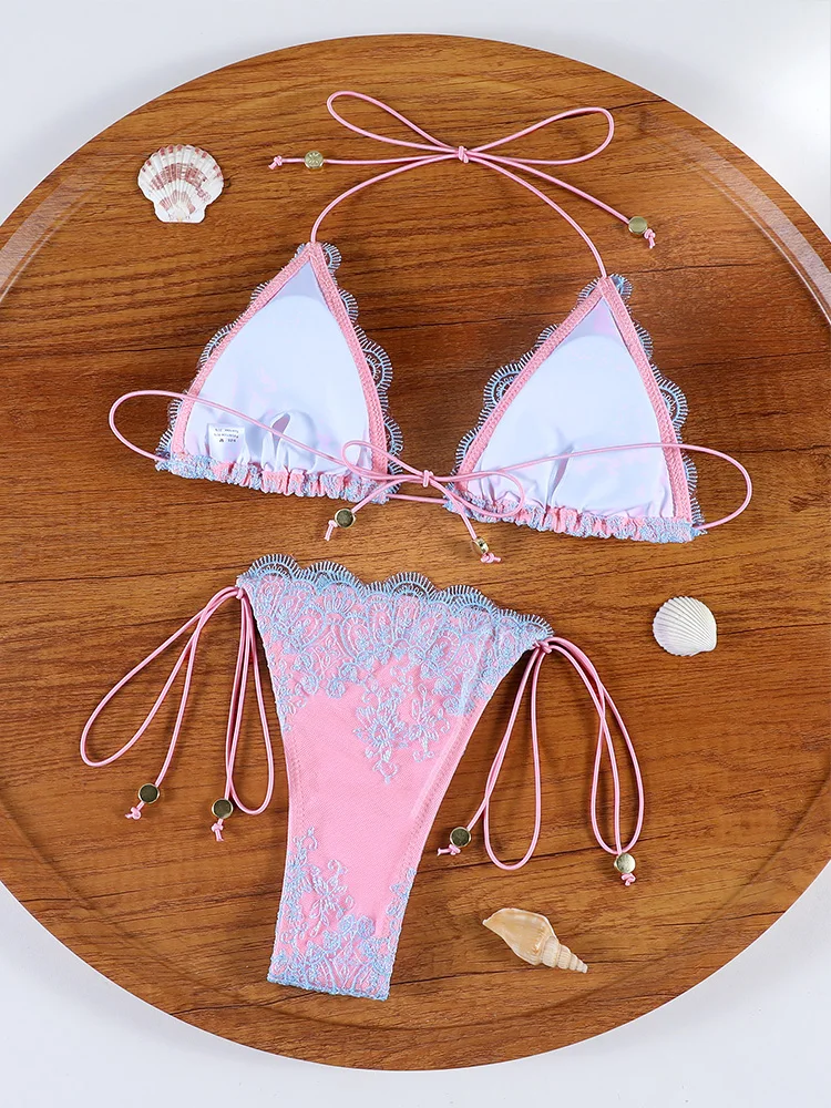 Sexy Triangle Lace Bikini Sets Micro Thongs Swimsuit Women Bathing Suit Biquini Bandage Beachwear Print Swimwear Thong Bikini