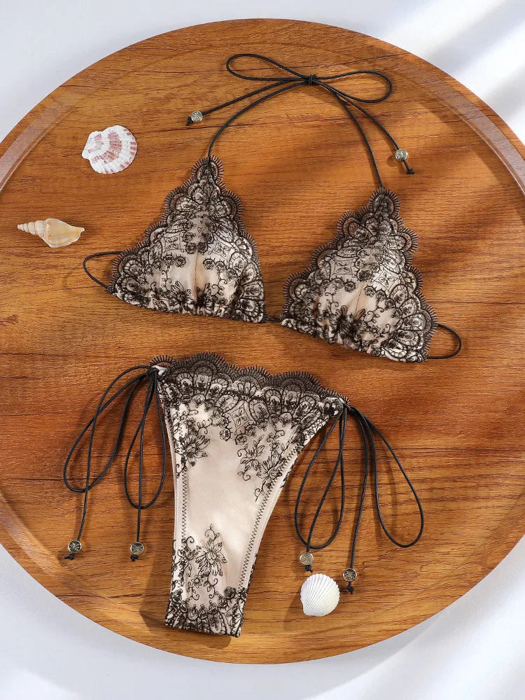 Sexy Triangle Lace Bikini Sets Micro Thongs Swimsuit Women Bathing Suit Biquini Bandage Beachwear Print Swimwear Thong Bikini
