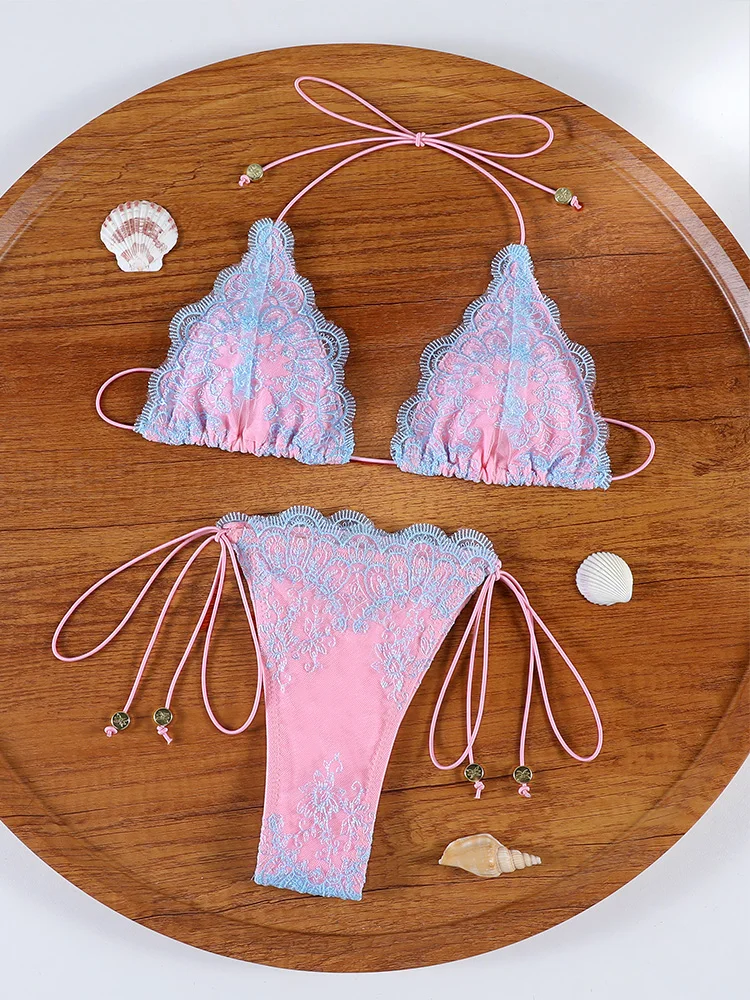 Sexy Triangle Lace Bikini Sets Micro Thongs Swimsuit Women Bathing Suit Biquini Bandage Beachwear Print Swimwear Thong Bikini