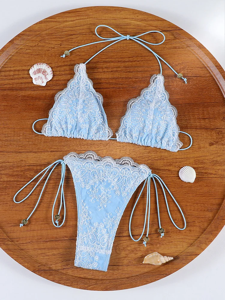 Sexy Triangle Lace Bikini Sets Micro Thongs Swimsuit Women Bathing Suit Biquini Bandage Beachwear Print Swimwear Thong Bikini