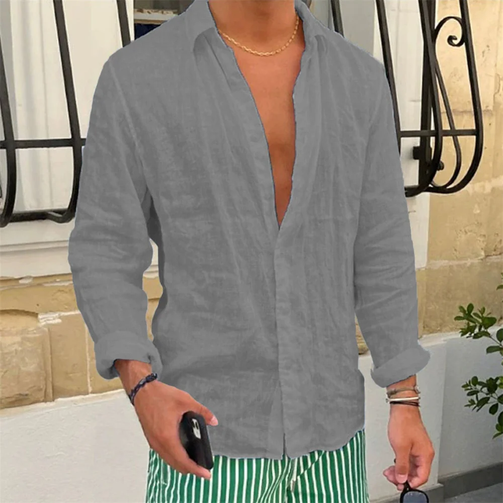 Men's Cotton Linen Shirt Lapel Collar Long Sleeve Solid Color Casual Loose Fit Breathable Male Basic Top Spring Autumn New