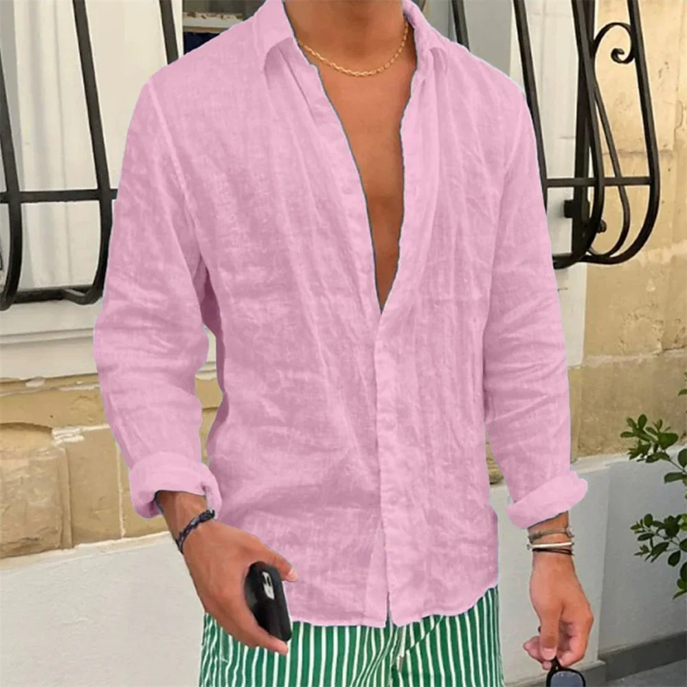 Men's Cotton Linen Shirt Lapel Collar Long Sleeve Solid Color Casual Loose Fit Breathable Male Basic Top Spring Autumn New
