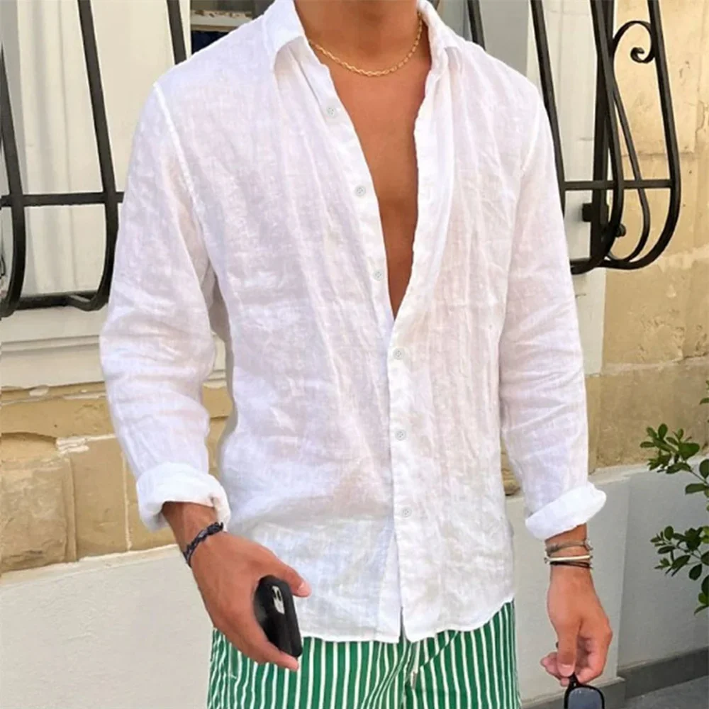 Men's Cotton Linen Shirt Lapel Collar Long Sleeve Solid Color Casual Loose Fit Breathable Male Basic Top Spring Autumn New
