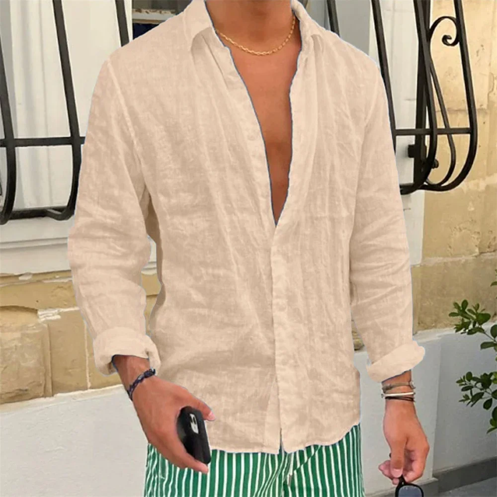Men's Cotton Linen Shirt Lapel Collar Long Sleeve Solid Color Casual Loose Fit Breathable Male Basic Top Spring Autumn New