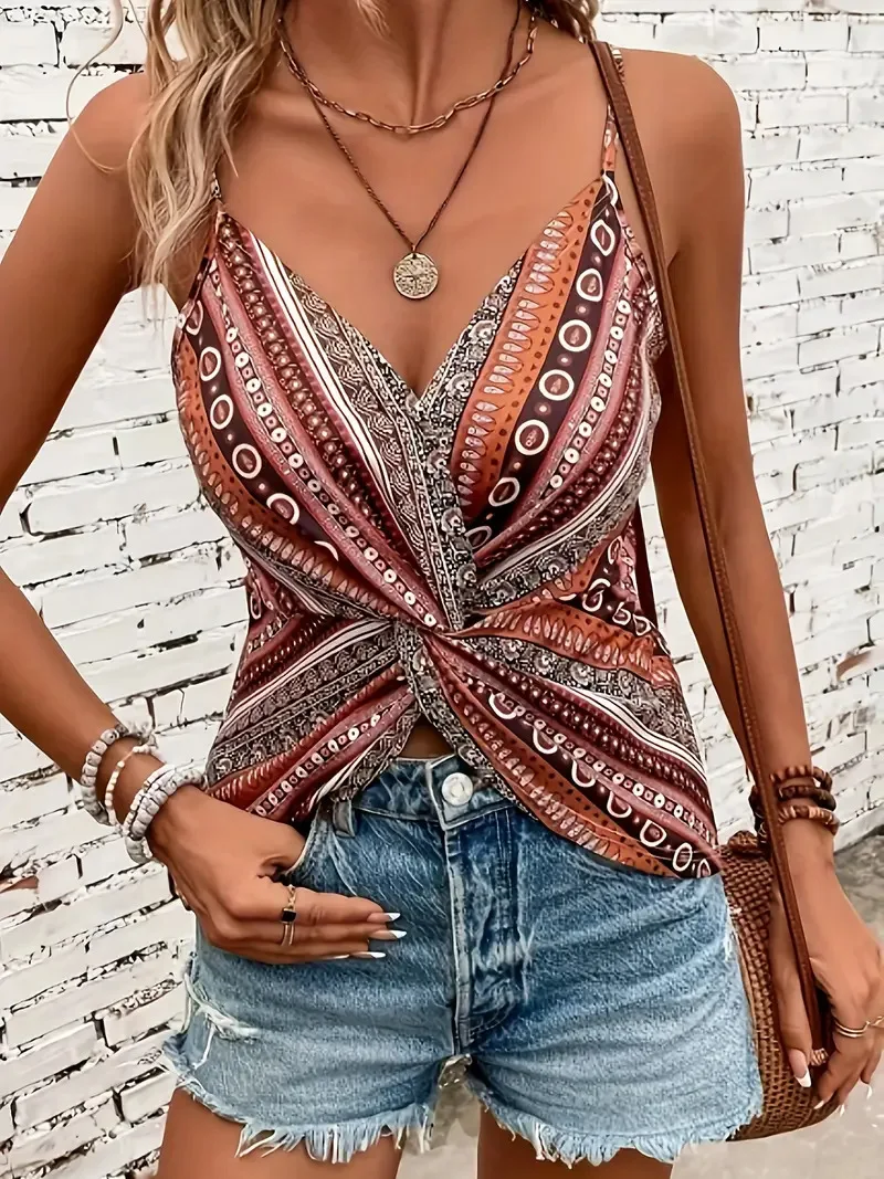Women's sexy V-neck chain printed front twisted back camisole top, made of polyester fabric with spaghetti pattern