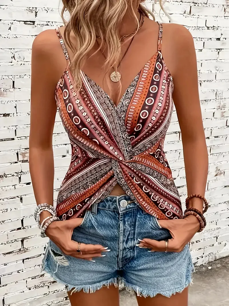 Women's sexy V-neck chain printed front twisted back camisole top, made of polyester fabric with spaghetti pattern