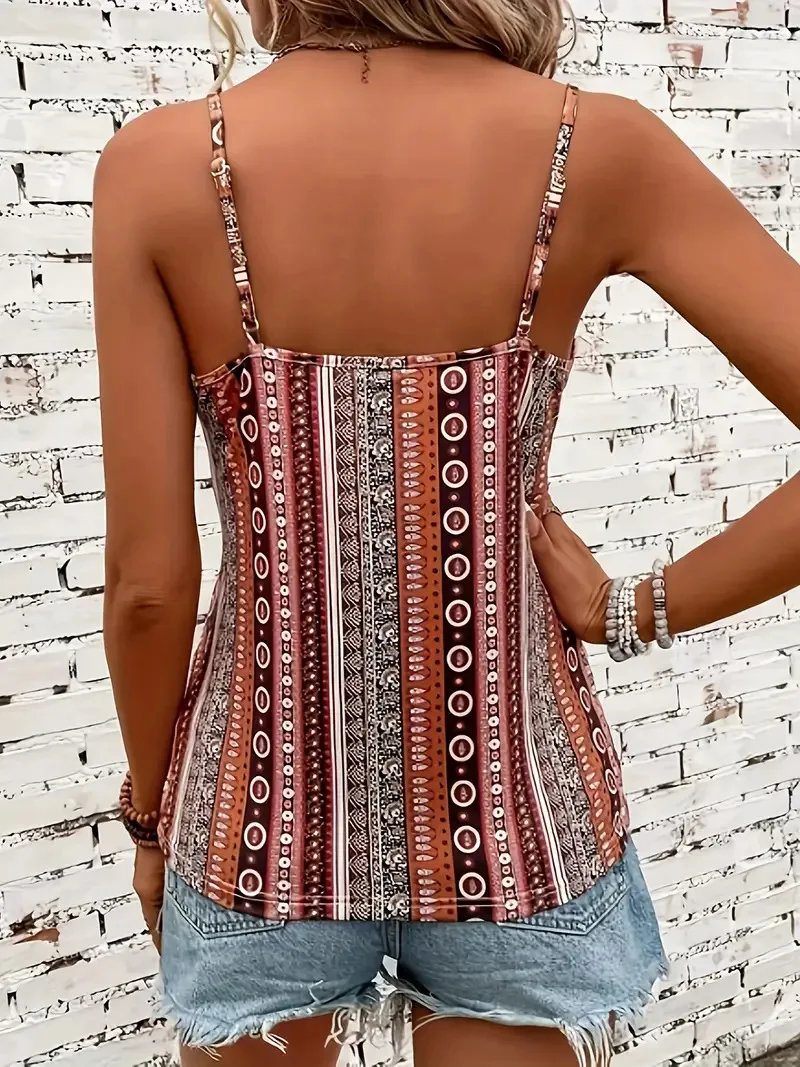Women's sexy V-neck chain printed front twisted back camisole top, made of polyester fabric with spaghetti pattern