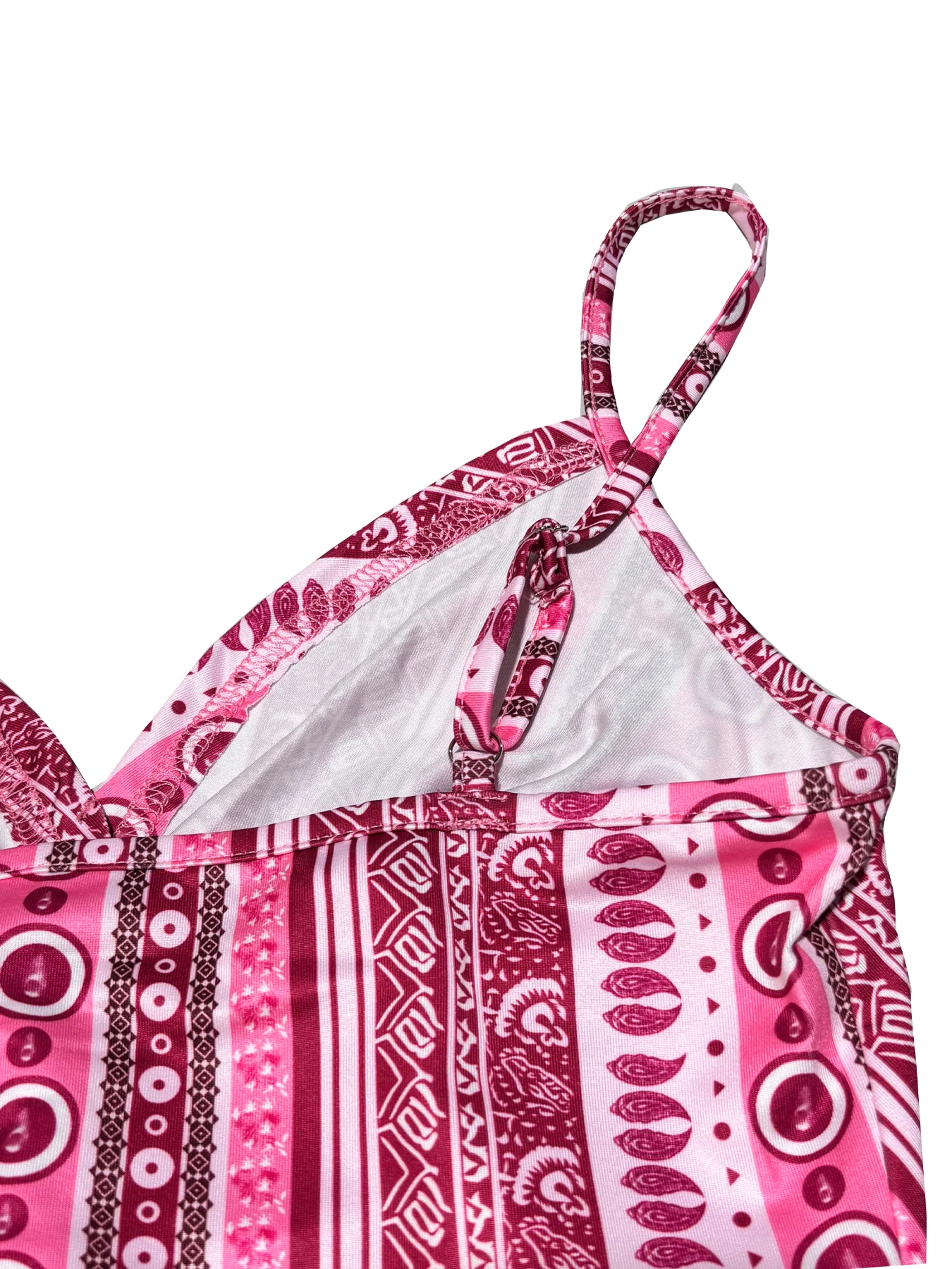 Women's sexy V-neck chain printed front twisted back camisole top, made of polyester fabric with spaghetti pattern