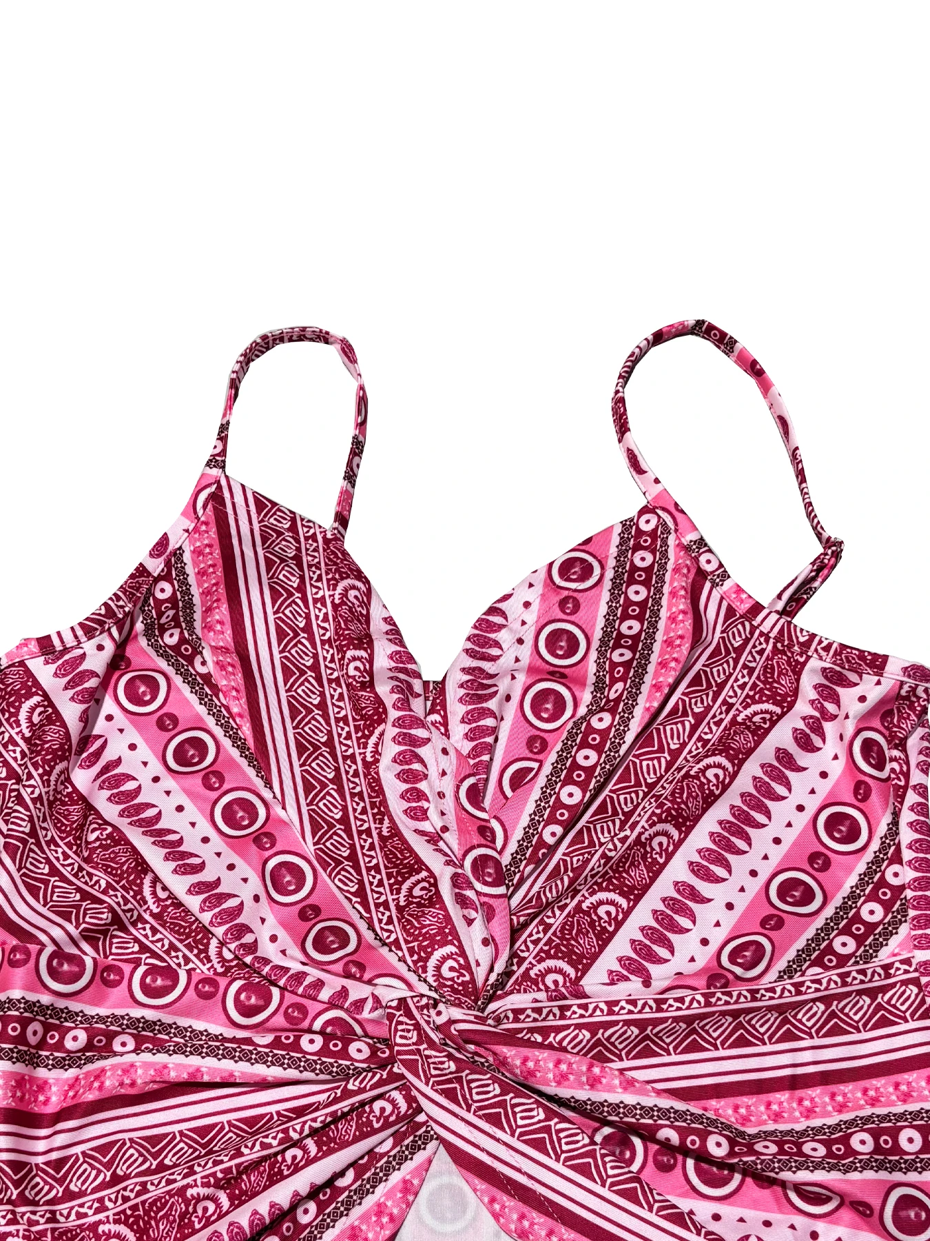 Women's sexy V-neck chain printed front twisted back camisole top, made of polyester fabric with spaghetti pattern