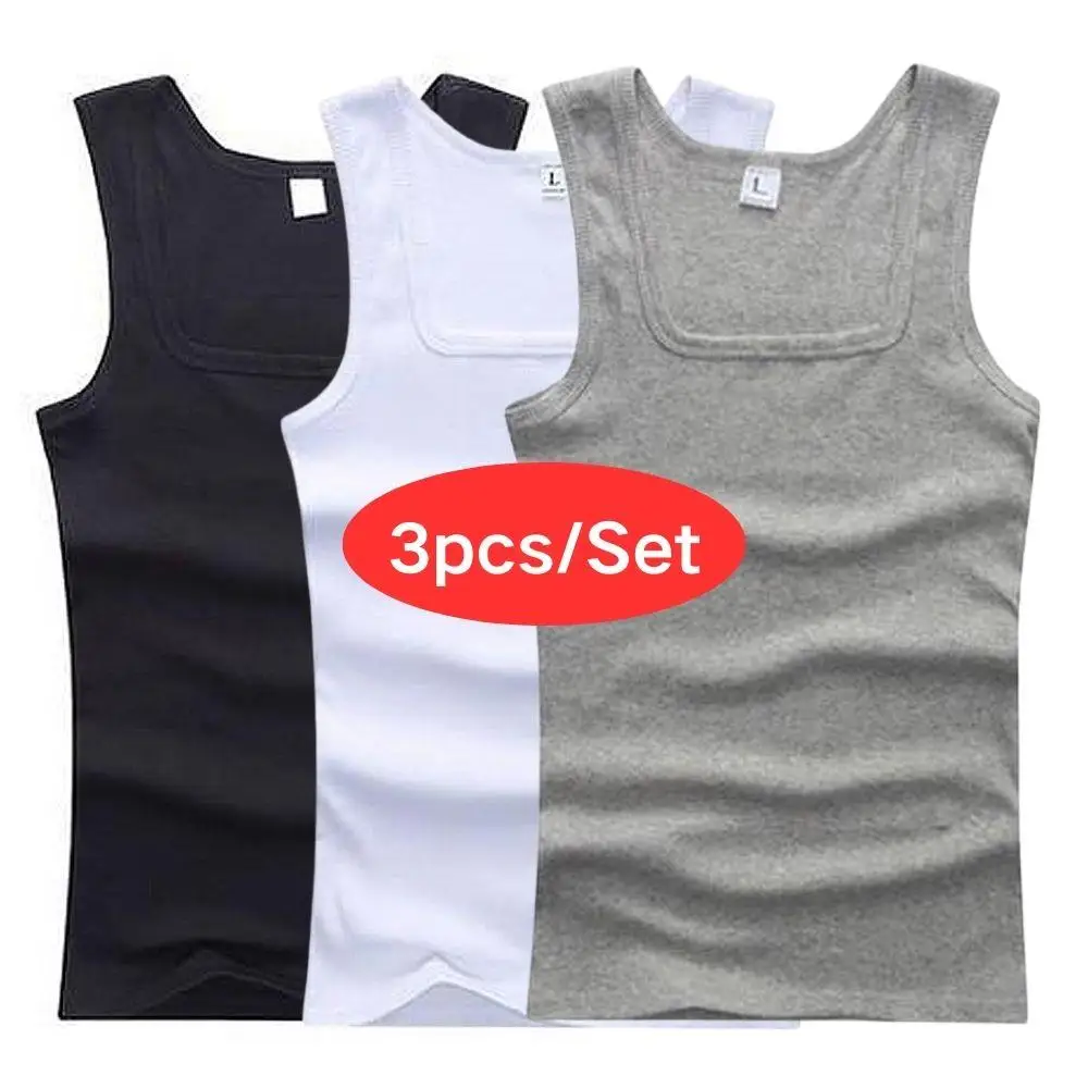 Hot Men's Tank Tops Fitness Vest Basic Elastic Sleeveless T-shirt Cotton Bodybuilding Man Clothing 3pcs/set Gym Clothing Man