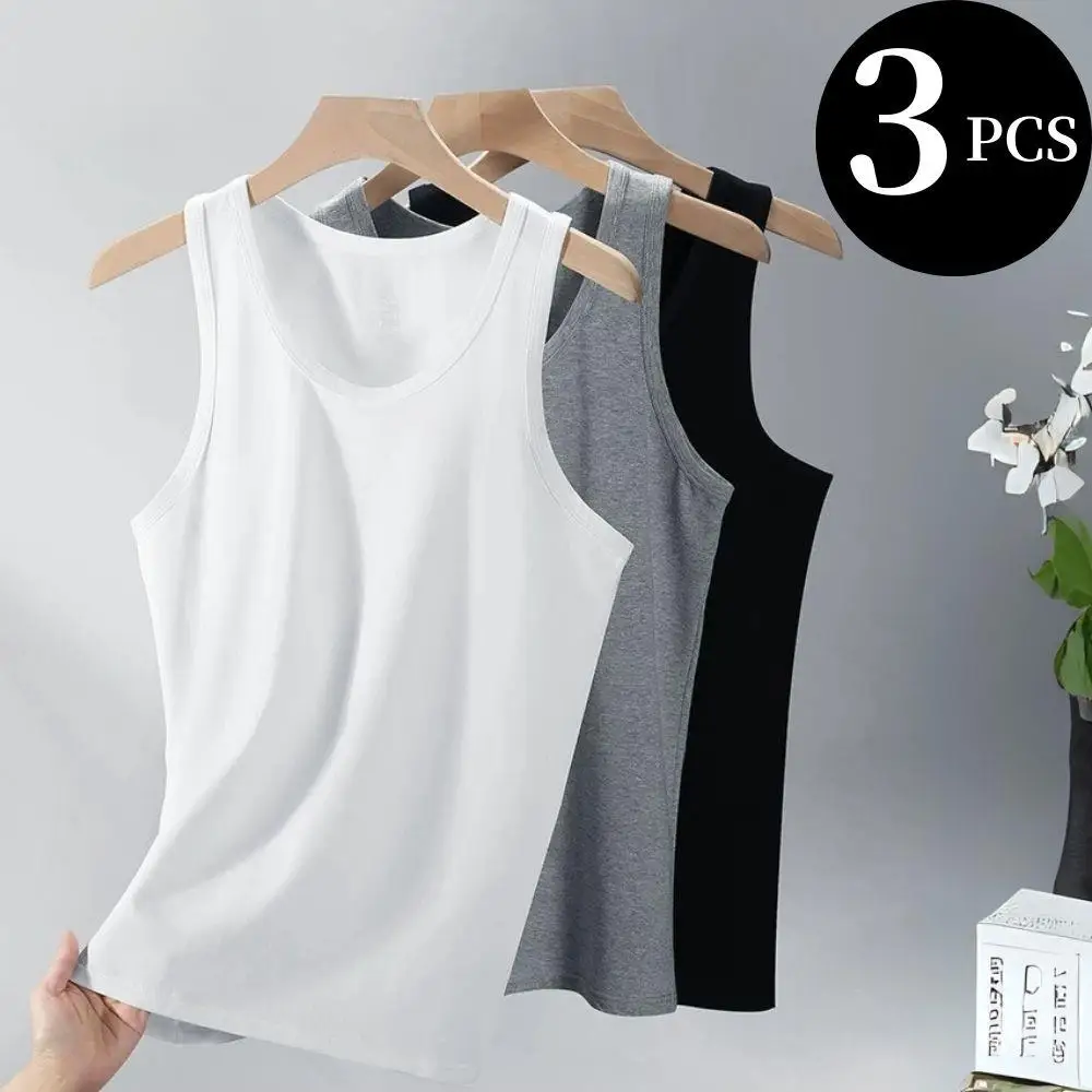 Hot Men's Tank Tops Fitness Vest Basic Elastic Sleeveless T-shirt Cotton Bodybuilding Man Clothing 3pcs/set Gym Clothing Man