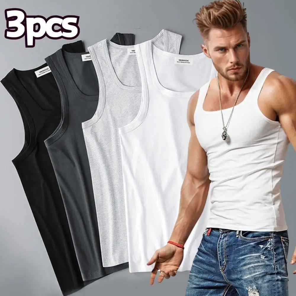 Hot Men's Tank Tops Fitness Vest Basic Elastic Sleeveless T-shirt Cotton Bodybuilding Man Clothing 3pcs/set Gym Clothing Man