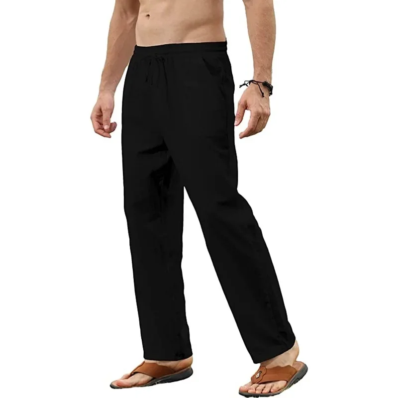 Men's Cotton Linen Pants Casual Straight Leg Solid Color Trousers Breathable Drawstring Elastic Waist Male Daily Long Pants