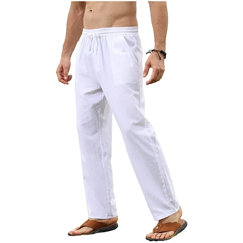 Men's Cotton Linen Pants Casual Straight Leg Solid Color Trousers Breathable Drawstring Elastic Waist Male Daily Long Pants