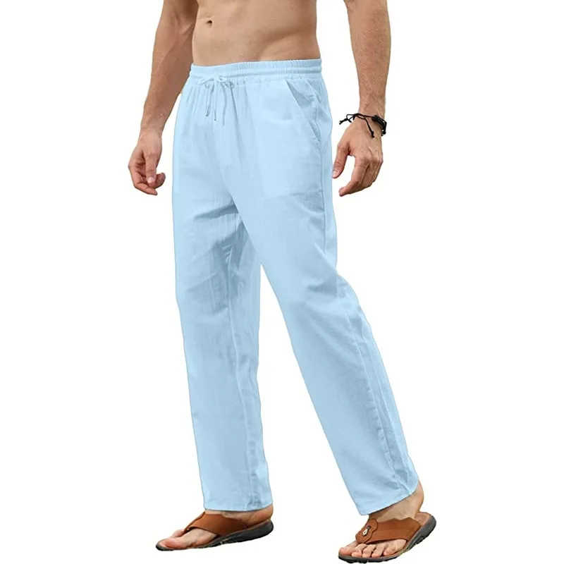 Men's Cotton Linen Pants Casual Straight Leg Solid Color Trousers Breathable Drawstring Elastic Waist Male Daily Long Pants