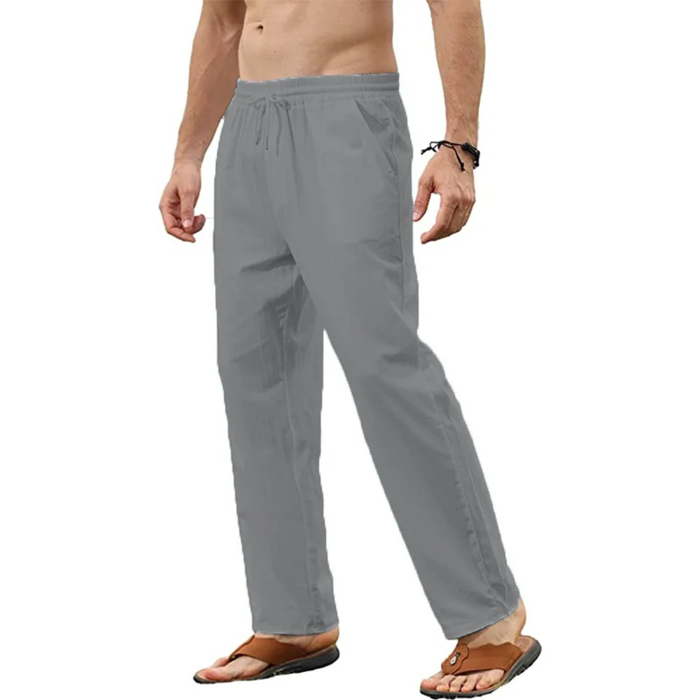 Men's Cotton Linen Pants Casual Straight Leg Solid Color Trousers Breathable Drawstring Elastic Waist Male Daily Long Pants