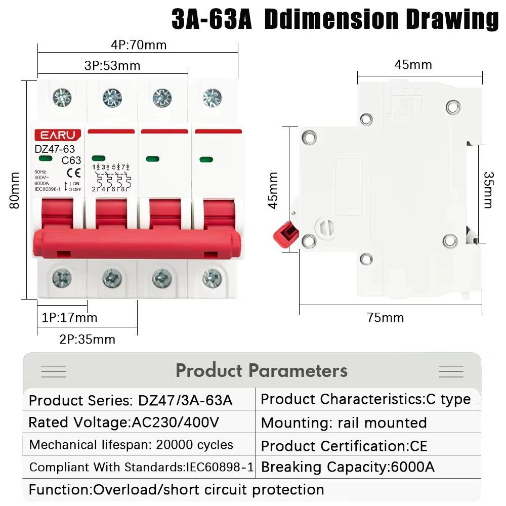 EARU 1P 2P 3P 4P DZ47 3A-125A AC 230V 400V C Curve Mini Circuit Breaker MCB Short Circuit Overload Protector Din Rail Mounted