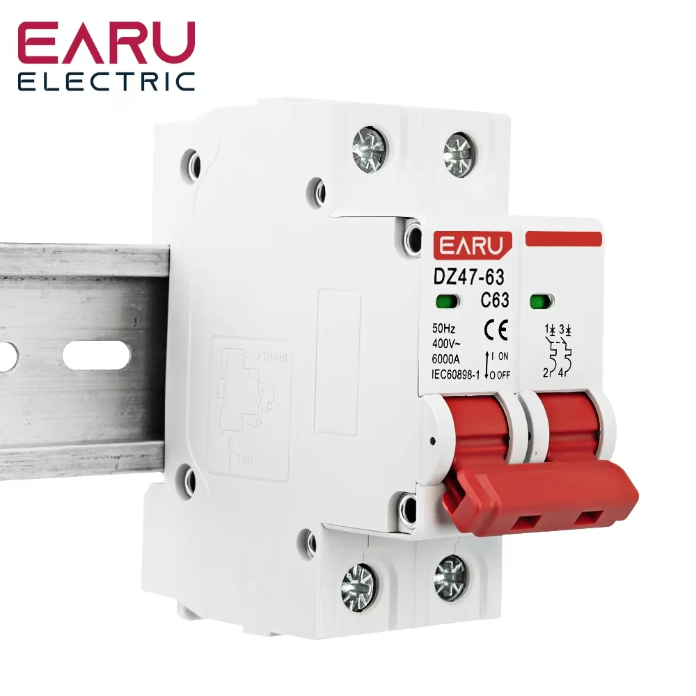 EARU 1P 2P 3P 4P DZ47 3A-125A AC 230V 400V C Curve Mini Circuit Breaker MCB Short Circuit Overload Protector Din Rail Mounted
