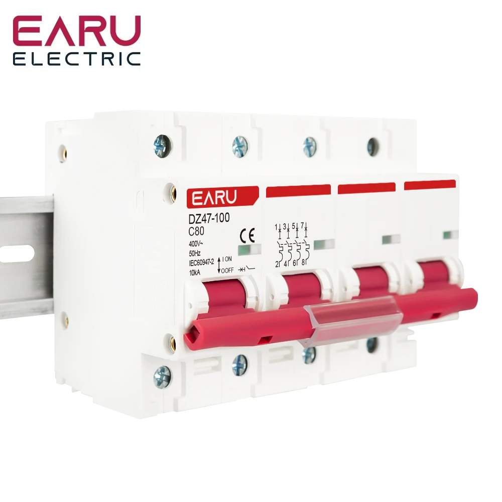 EARU 1P 2P 3P 4P DZ47 3A-125A AC 230V 400V C Curve Mini Circuit Breaker MCB Short Circuit Overload Protector Din Rail Mounted
