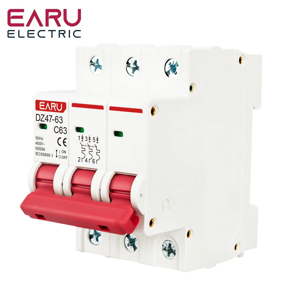 EARU 1P 2P 3P 4P DZ47 3A-125A AC 230V 400V C Curve Mini Circuit Breaker MCB Short Circuit Overload Protector Din Rail Mounted