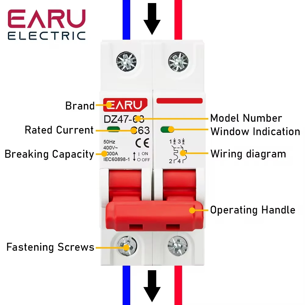 EARU 1P 2P 3P 4P DZ47 3A-125A AC 230V 400V C Curve Mini Circuit Breaker MCB Short Circuit Overload Protector Din Rail Mounted