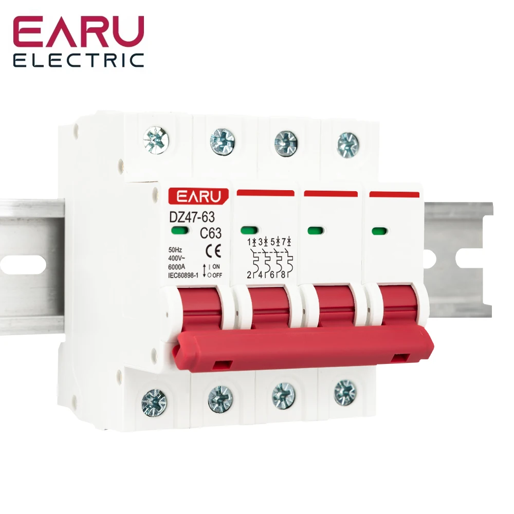 EARU 1P 2P 3P 4P DZ47 3A-125A AC 230V 400V C Curve Mini Circuit Breaker MCB Short Circuit Overload Protector Din Rail Mounted
