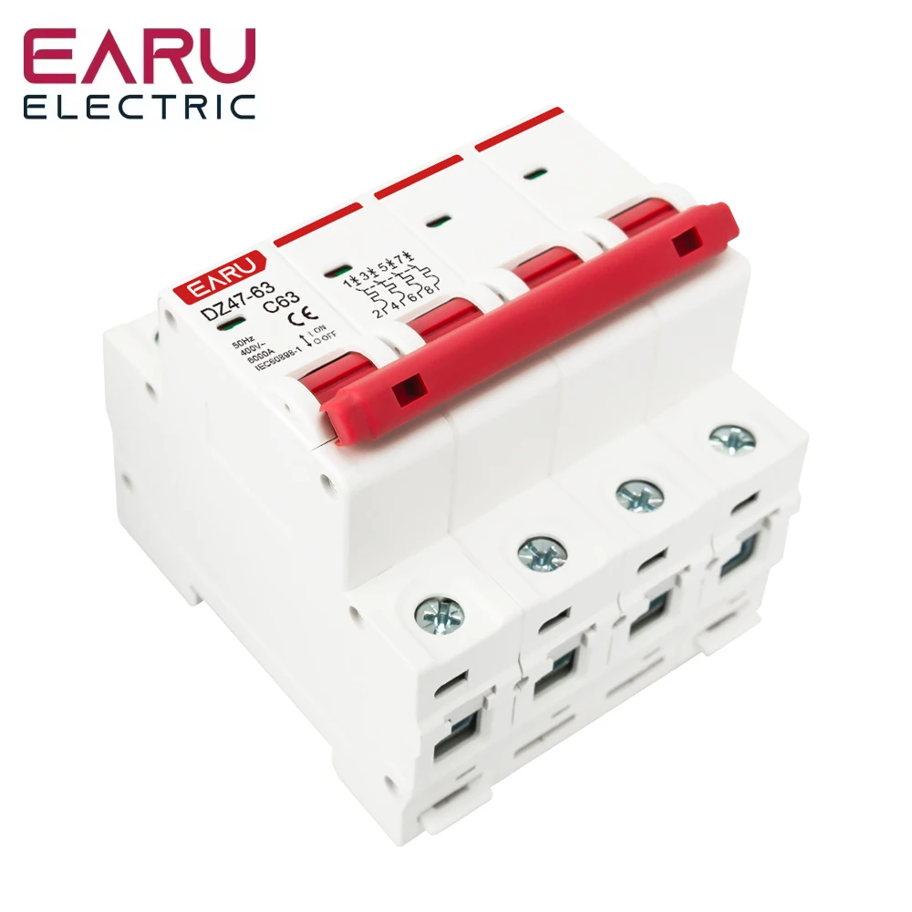 EARU 1P 2P 3P 4P DZ47 3A-125A AC 230V 400V C Curve Mini Circuit Breaker MCB Short Circuit Overload Protector Din Rail Mounted