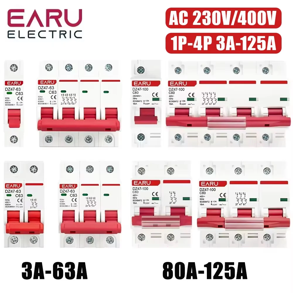 EARU 1P 2P 3P 4P DZ47 3A-125A AC 230V 400V C Curve Mini Circuit Breaker MCB Short Circuit Overload Protector Din Rail Mounted