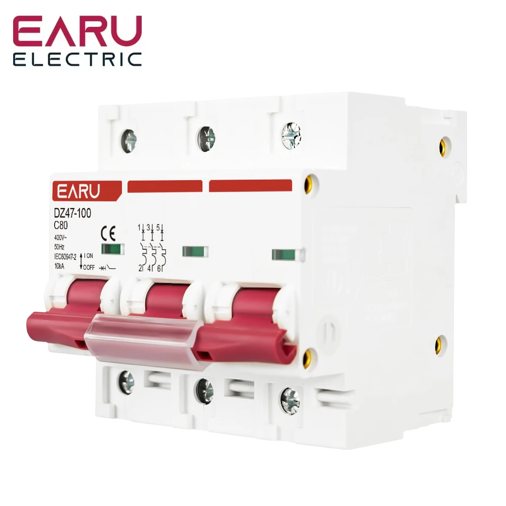 EARU 1P 2P 3P 4P DZ47 3A-125A AC 230V 400V C Curve Mini Circuit Breaker MCB Short Circuit Overload Protector Din Rail Mounted