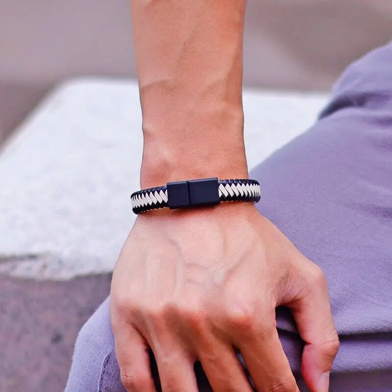 Noter Men Leather Bracelet Bangle Black Braided Magnetic Clasp Punk Braclet Homme Hand Accessories Gift For Him Pulsera Hombre