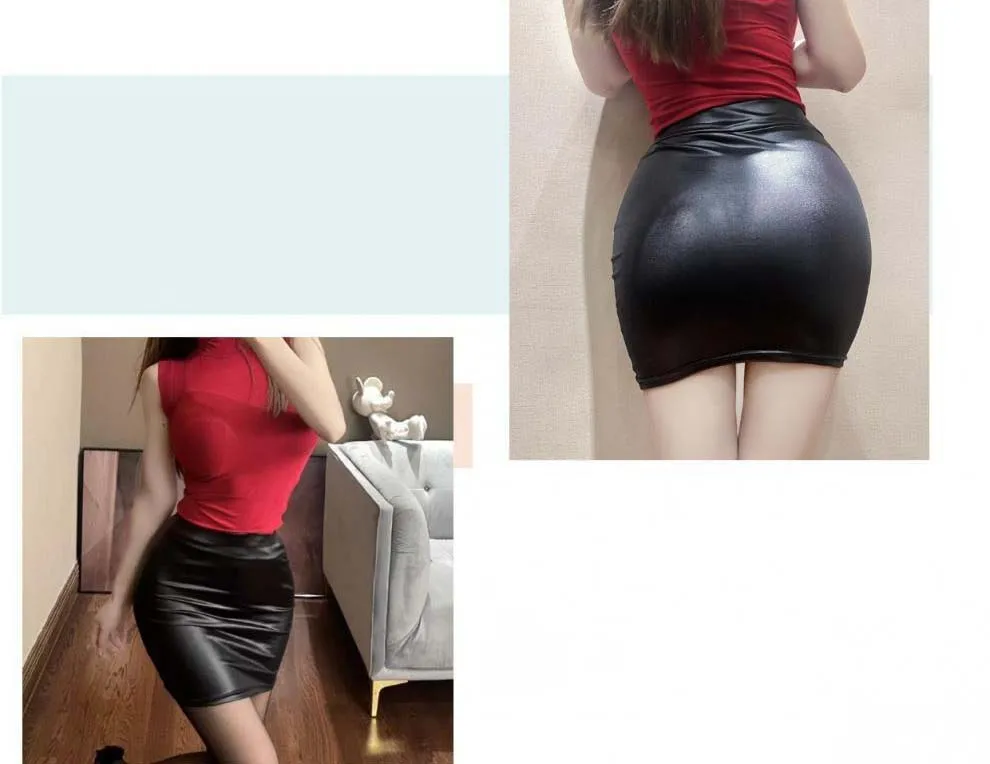 Black Slim Imitation Leather Pencil Mini Skirt High Waist Sexy Fashion Korean Short Skirts Women Wholesale Summer Sweet
