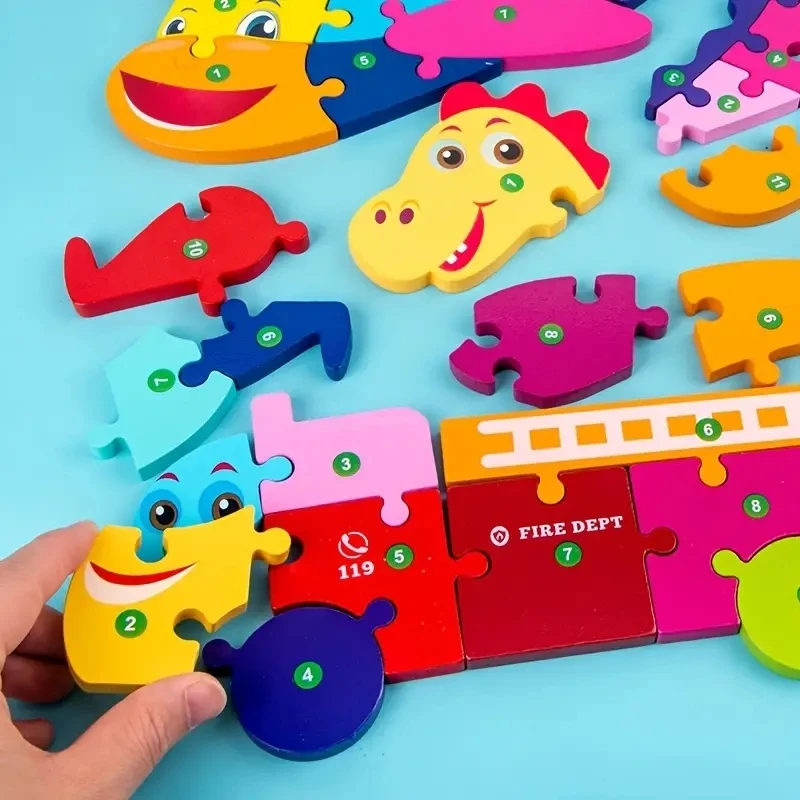 Wooden Puzzles for Kids, Number Puzzle, Dinosaur Puzzles and Animal ,Traffic,Characte Jigsaw Toys for Boy Girl Ideal Gift, 1-6