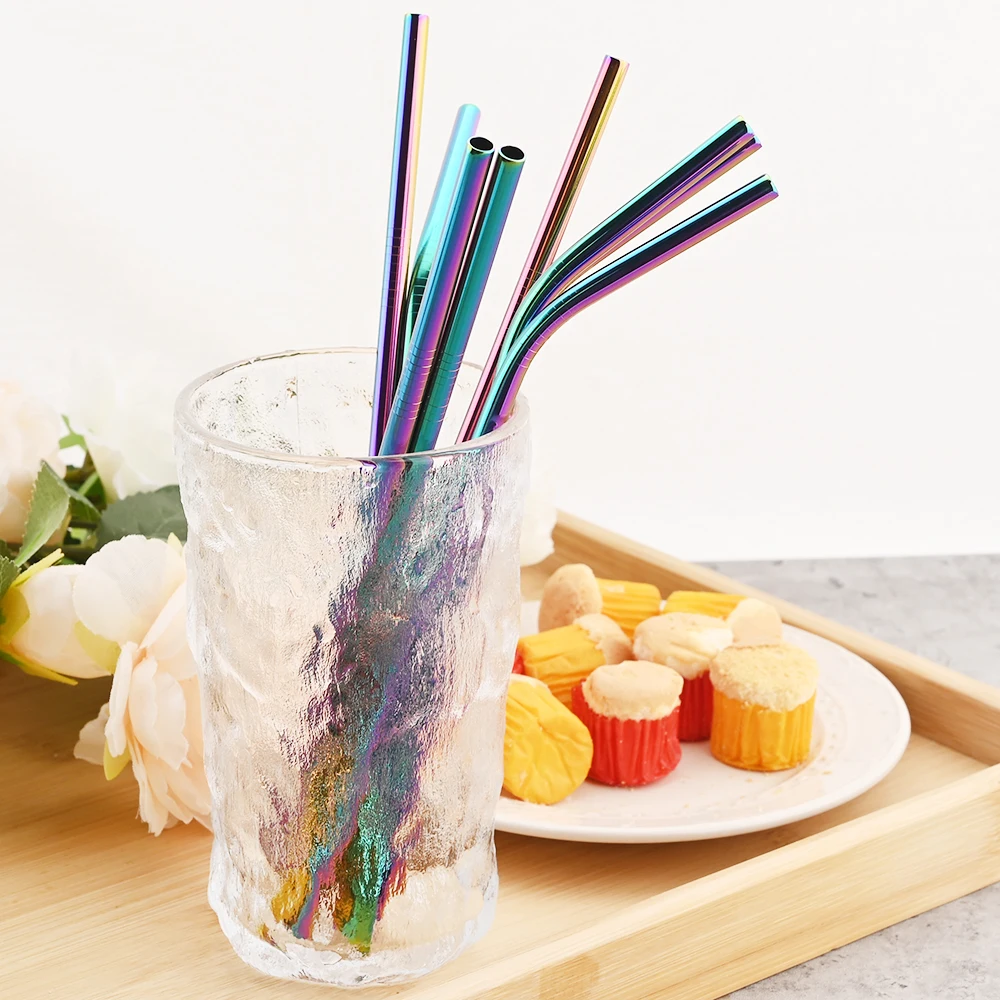 Colorful Reusable Drinking Straw Metal Straws 304 Stainless Steel Straws Set with Brush Bar Cocktail Straw for Glasses Drinkware