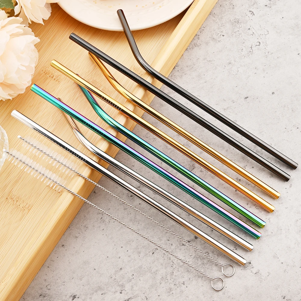Colorful Reusable Drinking Straw Metal Straws 304 Stainless Steel Straws Set with Brush Bar Cocktail Straw for Glasses Drinkware