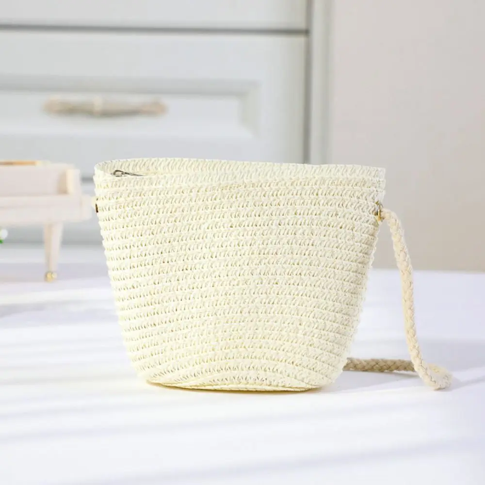 Handmade Woven Girl Flower Straw Bag Coin Purse Zipper Kid Messenger Bags Photo Props Storage Basket Crossbody Handbag