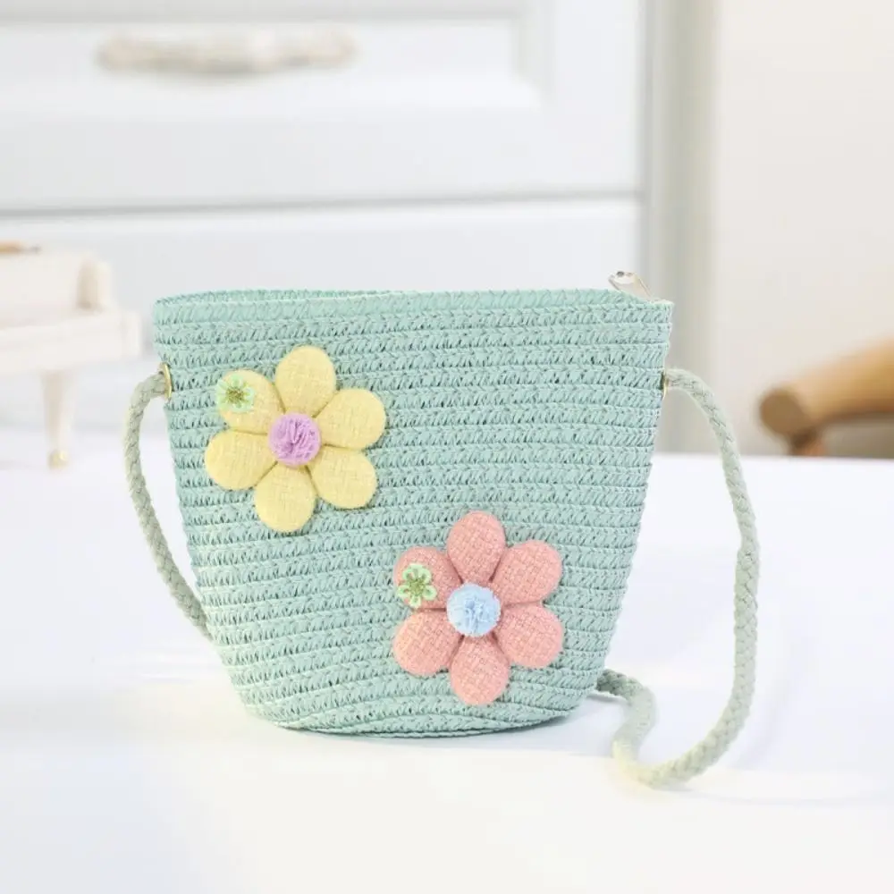 Handmade Woven Girl Flower Straw Bag Coin Purse Zipper Kid Messenger Bags Photo Props Storage Basket Crossbody Handbag