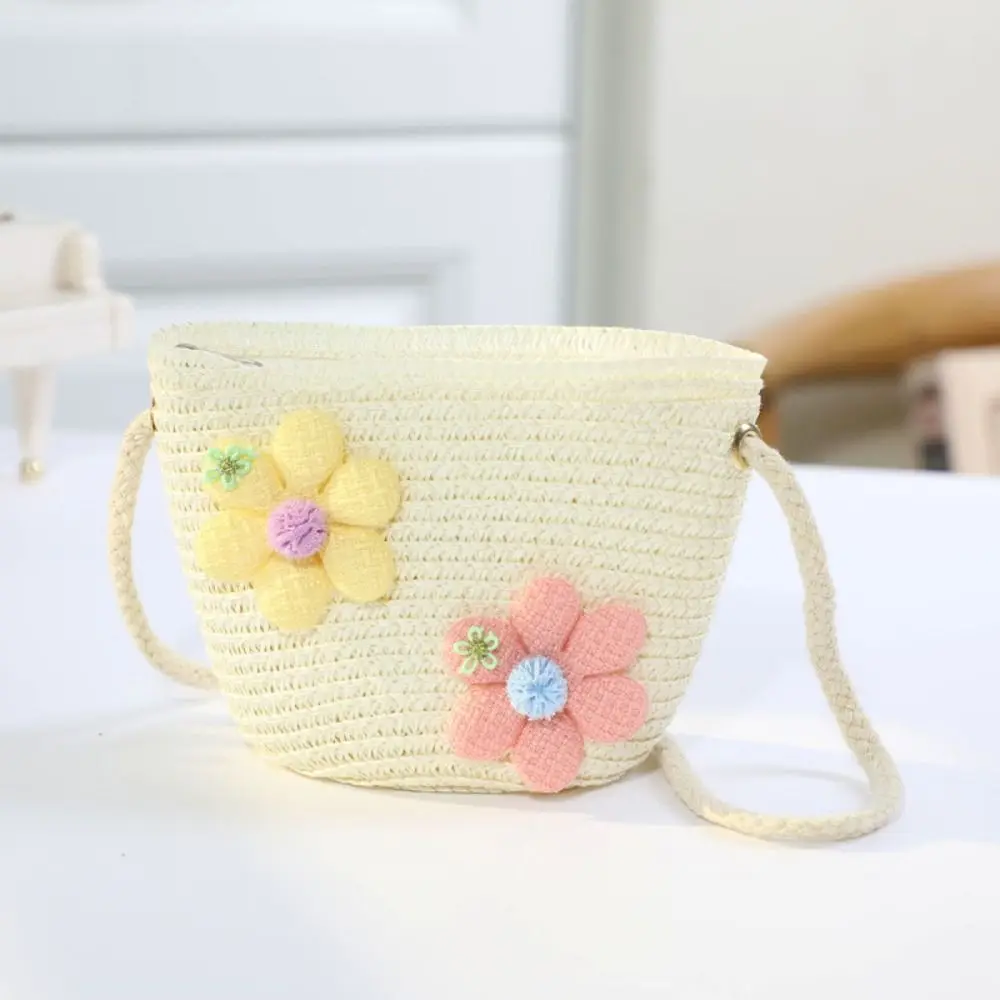 Handmade Woven Girl Flower Straw Bag Coin Purse Zipper Kid Messenger Bags Photo Props Storage Basket Crossbody Handbag